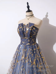 A-Line Tulle Lace Blue Short Semi Formal Prom Dress, Cute Blue Homecoming Dress