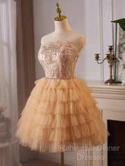 A-Line Tulle Lace Champagne Short Semi Formal Prom Dress, Champagne Homecoming Dress
