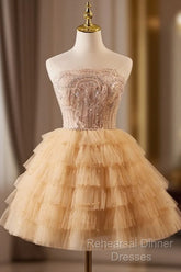 A-Line Tulle Lace Champagne Short Semi Formal Prom Dress, Champagne Homecoming Dress
