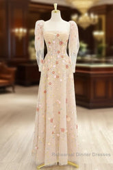 A-Line Tulle Lace Sequin Champagne Long Semi Formal Prom Dress, Champagne Long Formal Dress