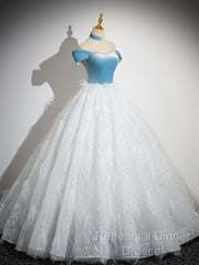 A-Line Tulle Lace White/Blue Long Semi Formal Prom Dress, White/Blue Long Evening Dress