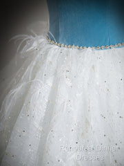 A-Line Tulle Lace White/Blue Long Semi Formal Prom Dress, White/Blue Long Evening Dress