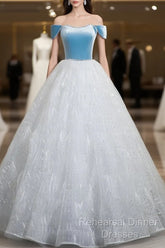 A-Line Tulle Lace White/Blue Long Semi Formal Prom Dress, White/Blue Long Evening Dress