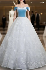 A-Line Tulle Lace White/Blue Long Semi Formal Prom Dress, White/Blue Long Evening Dress