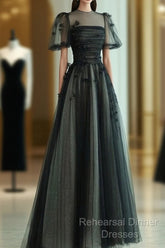 A Line Tulle Long Semi Formal Prom Dress Black Formal Evening Dress