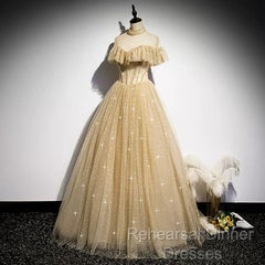 A Line Tulle Long Semi Formal Prom Dresses
