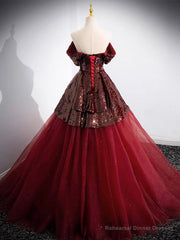 A-Line Tulle Sequin Burgundy Long Prom Dress, Off Shoulder Burgundy Formal Dress