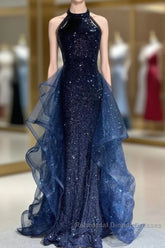A-Line Tulle Sequin Dark Blue Long Semi Formal Prom Dress, Dark Blue Long Formal Dress