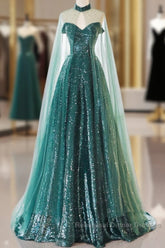 A-Line Tulle Sequin Green Long Semi Formal Prom Dress, Green Formal Evening Dress