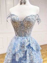 A-Line Tulle Sequin Lace Blue Long Semi Formal Prom Dress, Blue Long Formal Dress