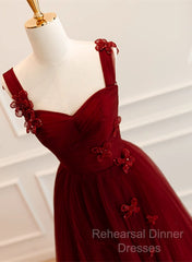 A-Line Tulle Sweetheart Straps Long Formal Dress, Wine Red Evening Dress Semi Formal Prom Dress