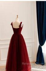 A-Line Tulle Sweetheart Straps Long Formal Dress, Wine Red Evening Dress Semi Formal Prom Dress