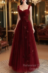 A-Line Tulle Sweetheart Straps Long Formal Dress, Wine Red Evening Dress Semi Formal Prom Dress