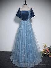 A-Line Tulle Velvet Blue Long Prom Dress, Blue Tulle Formal Dress