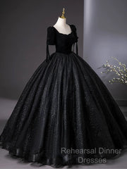 A-Line Tulle Velvet Sequin Black Long Semi Formal Prom Dress, Black Long Evening Dress