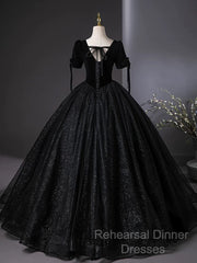 A-Line Tulle Velvet Sequin Black Long Semi Formal Prom Dress, Black Long Evening Dress