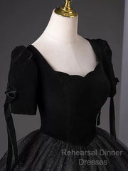 A-Line Tulle Velvet Sequin Black Long Semi Formal Prom Dress, Black Long Evening Dress