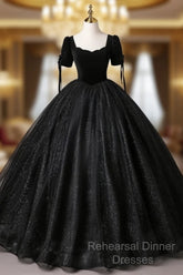 A-Line Tulle Velvet Sequin Black Long Semi Formal Prom Dress, Black Long Evening Dress