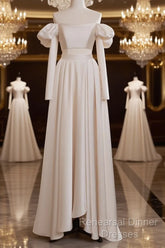 A-Line Two Pieces Satin Champagne Long Semi Formal Prom Dress, Champagne Formal Dress