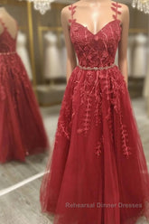 A Line V Neck and V Back Burgundy Lace Floral Long Semi Formal Prom Dresses, Burgundy Lace Formal Evening Dresses
