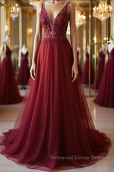 A Line V Neck and V Back Long Beading Lace Burgundy Semi Formal Prom Dresses, Lace Burgundy Formal Graduation Evening Dresses
