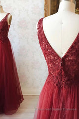 A Line V Neck and V Back Long Beading Lace Burgundy Semi Formal Prom Dresses, Lace Burgundy Formal Graduation Evening Dresses