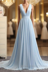 A Line V Neck and V Back Sky Blue Chiffon Long Semi Formal Prom Dresses, V Neck Blue Formal Dresses, Blue Evening Dresses