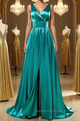 A Line V Neck and V Back Turquoise Long Semi Formal Prom Dresses with Slit, Turquoise Formal Graduation Evening Dresses