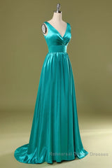 A Line V Neck and V Back Turquoise Long Semi Formal Prom Dresses with Slit, Turquoise Formal Graduation Evening Dresses