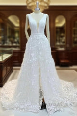 A-Line V-Neck Applique Sweep Train Stretch Crepe Wedding Dress