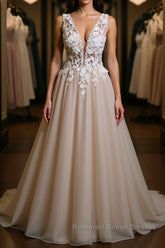 A Line V Neck Appliques Lace Semi Formal Prom Dresses, Lace Formal Graduation Evening Dresses