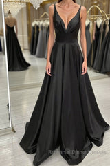 A Line V Neck Backless Black Long Semi Formal Prom Dresses, V Neck Black Formal Dresses, Backless Black Evening Dresses