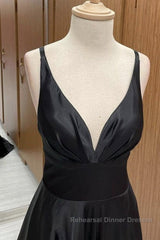 A Line V Neck Backless Black Long Semi Formal Prom Dresses, V Neck Black Formal Dresses, Backless Black Evening Dresses