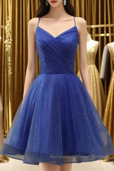 A Line V Neck Backless Blue Tulle Semi Formal Prom Dresses, Backless Blue Homecoming Dresses, Short Blue Formal Evening Dresses