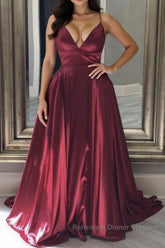 A Line V Neck Backless Burgundy Long Semi Formal Prom Dresses, Backless Burgundy Formal Graduation Evening Dresses