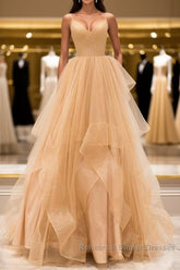 A Line V Neck Backless Champagne Long Semi Formal Prom Dresses, V Neck Champagne Formal Dresses, Champagne Evening Dresses