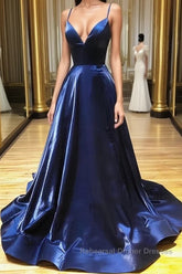 A Line V Neck Backless Navy Blue Semi Formal Prom Dresses, Open Back Navy Blue Formal Evening Dresses