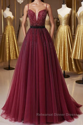 A Line V Neck Beaded Burgundy Tulle Long Semi Formal Prom Dresses, Beaded Burgundy Formal Graduation Evening Dresses