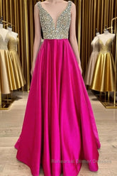 A Line V Neck Beaded Fuchsia Long Semi Formal Prom Dresses, V Neck Fuchsia Formal Dresses, Beaded Fuchsia Evening Dresses
