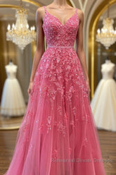 A Line V Neck Beaded Hot Pink Lace Long Semi Formal Prom Dresses, Hot Pink Lace Formal Graduation Evening Dresses