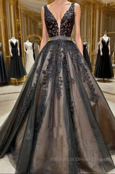 A Line V Neck Black Lace Semi Formal Prom Dresses, Black Lace Formal Evening Dresses