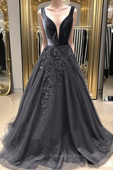 A Line V Neck Black Long Semi Formal Prom Dresses with Lace Appliques, V Neck Black Lace Formal Evening Dresses