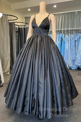A Line V Neck Black Semi Formal Prom Dresses With Pocket Long Satin Formal Graduation Dress