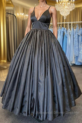 A Line V Neck Black Satin Long Semi Formal Prom Dresses with Pocket, V Neck Black Formal Graduation Evening Dresses