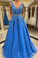 A Line V Neck Blue Lace Long Semi Formal Prom Dresses with Belt, Blue Lace Formal Evening Dresses