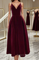 A Line V Neck Burgundy Black Tea Length Semi Formal Prom Dresses, Short Black Wine Red Formal Homecoming Dresses