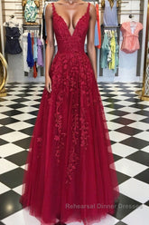 A Line V Neck Burgundy Lace Semi Formal Prom Dresses, Wine Burgundy Lace Formal Evening Dresses