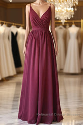 A Line V Neck Burgundy Long Semi Formal Prom Dresses with Lace Back, V Neck Burgundy Formal Evening Dresses, Burgundy Bridesmaid Dresses