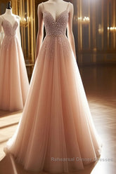 A Line V Neck Champagne Tulle Long Beaded Semi Formal Prom Dresses, Champagne Long Formal Evening Dresses