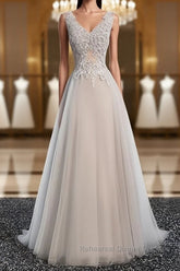 A Line V Neck Gray Floral Long Semi Formal Prom Dresses, V Neck Gray Long Floral Formal Bridesmaid Dresses